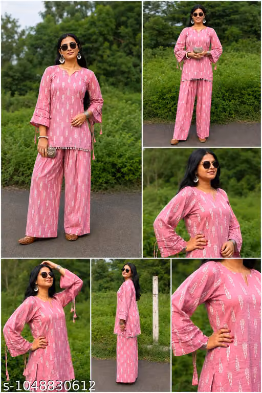 Pink Printed Farshi Suit Set with Mirror Lace